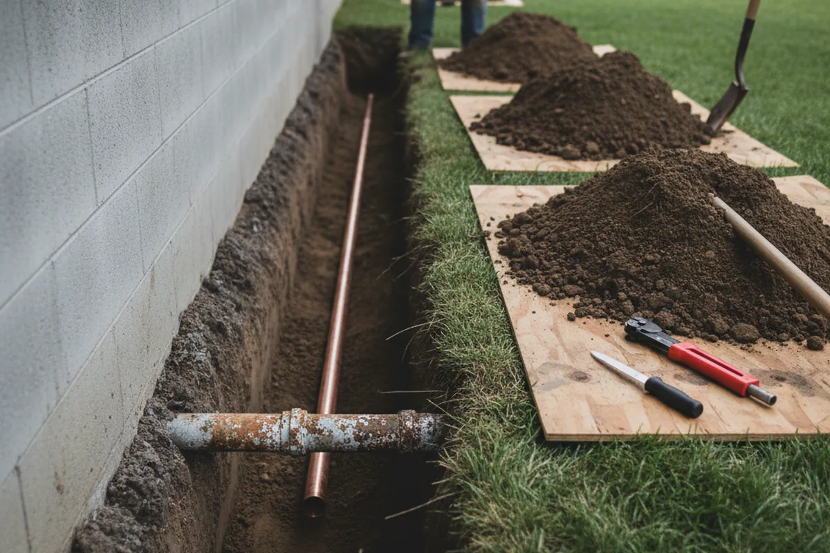 Excavated water line trench during Water Softener Installation in Boone